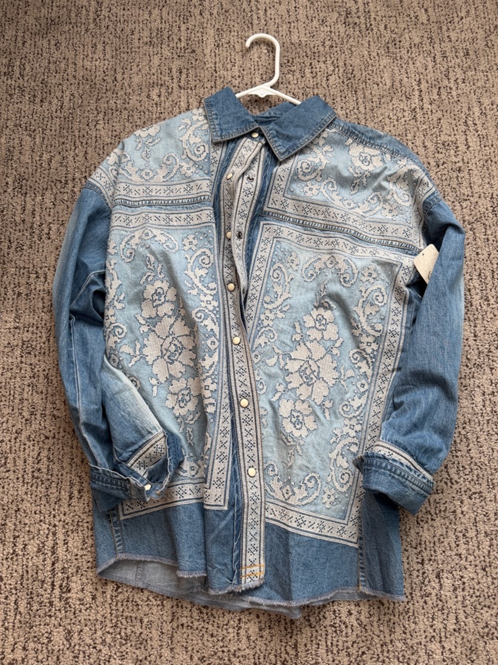 Free People Light Blue Denim Button-Up with Cream Paisley Print